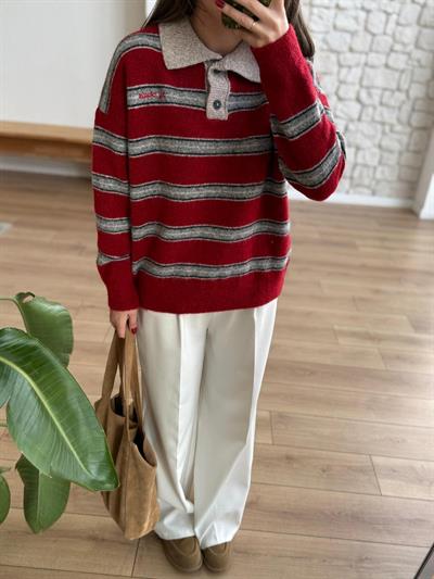 Polo Yaka Çizgili Kırmızı Kazak