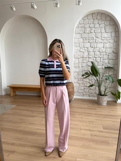 Polo Yaka Çizgili Lacivert Triko Bluz