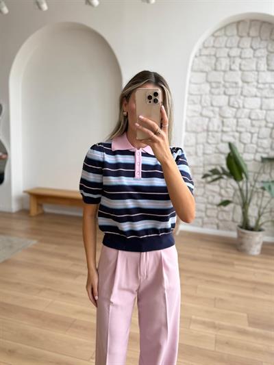 Polo Yaka Çizgili Lacivert Triko Bluz