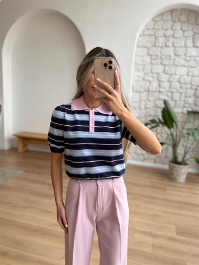 Polo Yaka Çizgili Lacivert Triko Bluz