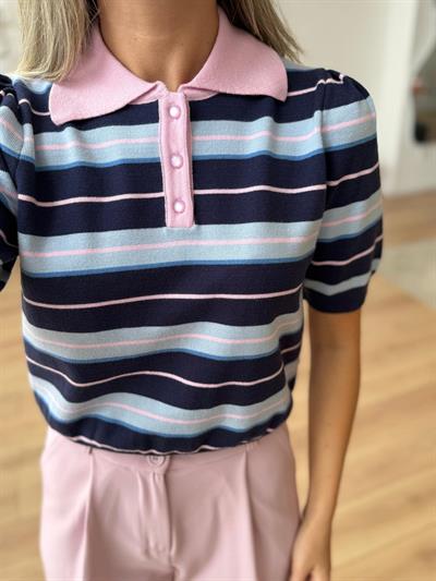 Polo Yaka Çizgili Lacivert Triko Bluz