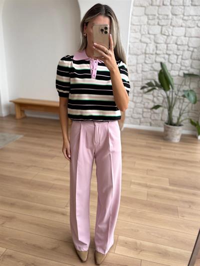 Polo Yaka Çizgili Siyah Triko Bluz