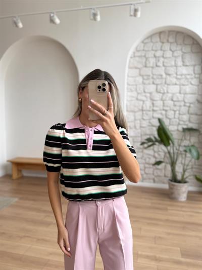Polo Yaka Çizgili Siyah Triko Bluz