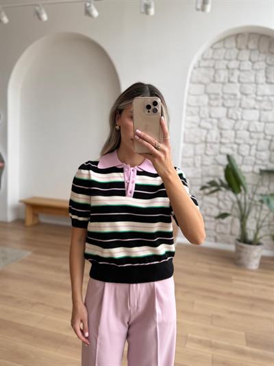 Polo Yaka Çizgili Siyah Triko Bluz