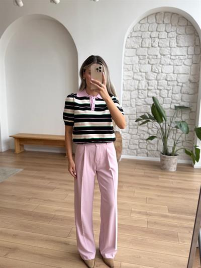 Polo Yaka Çizgili Siyah Triko Bluz