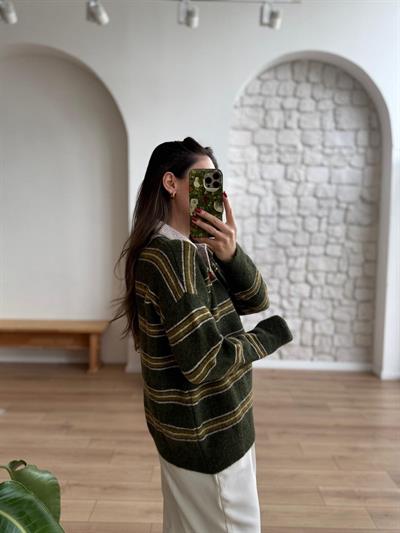 Polo Yaka Çizgili Yeşil Kazak