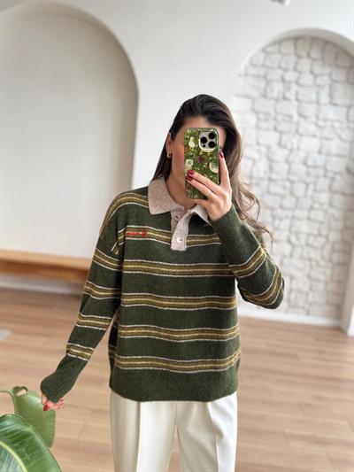 Polo Yaka Çizgili Yeşil Kazak
