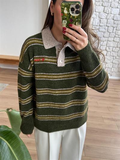 Polo Yaka Çizgili Yeşil Kazak