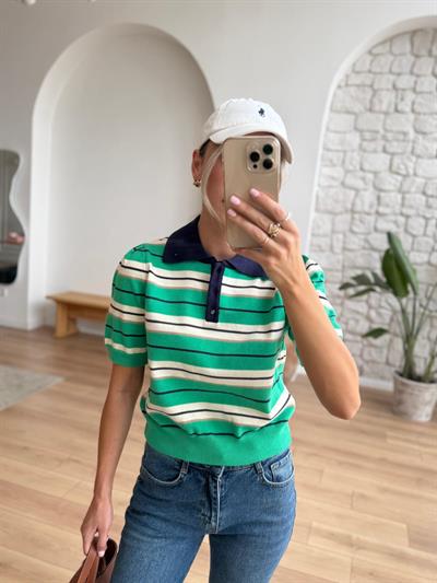 Polo Yaka Çizgili Yeşil Triko Bluz