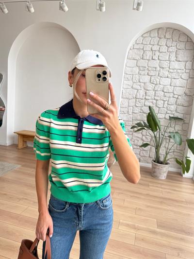 Polo Yaka Çizgili Yeşil Triko Bluz