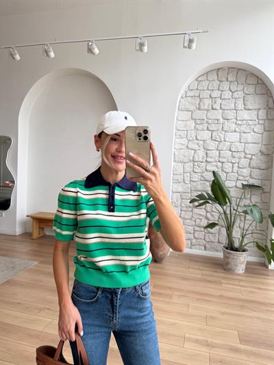 Polo Yaka Çizgili Yeşil Triko Bluz