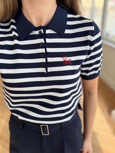 Polo Yaka Ekru Çizgili Triko