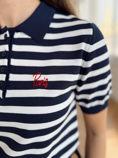 Polo Yaka Ekru Çizgili Triko