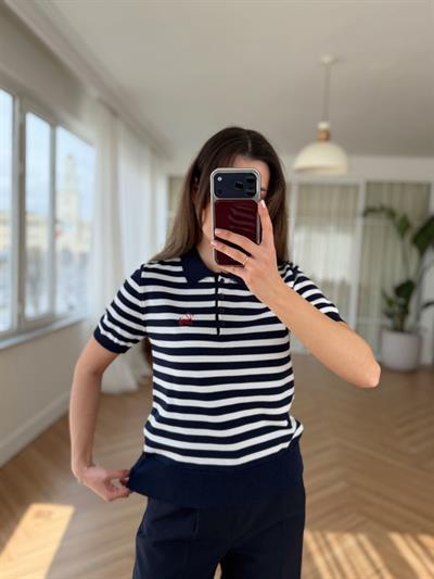 Polo Yaka Ekru Çizgili Triko