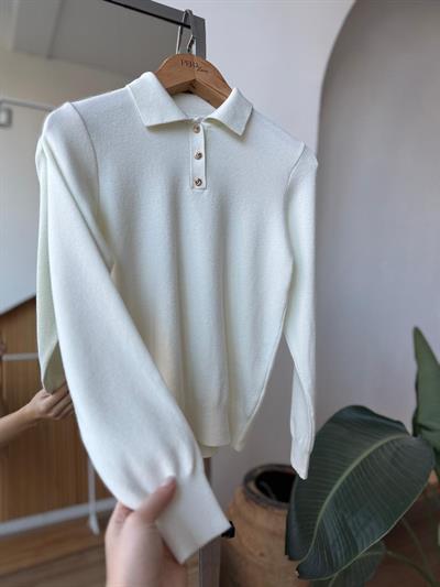 Polo Yaka Gold Düğmeli Ekru Triko