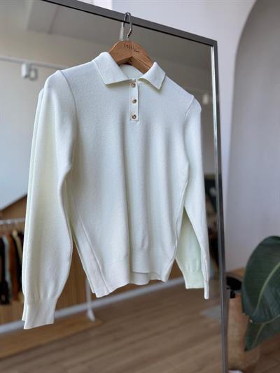 Polo Yaka Gold Düğmeli Ekru Triko