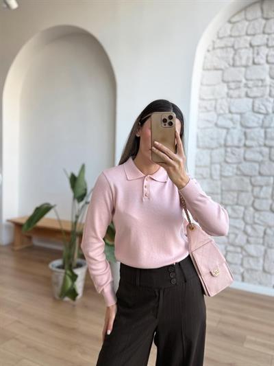Polo Yaka Gold Düğmeli Pembe Triko