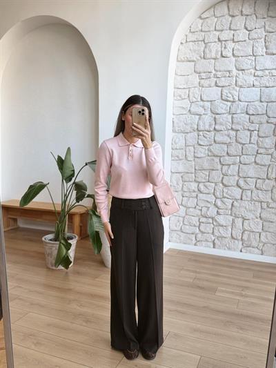 Polo Yaka Gold Düğmeli Pembe Triko