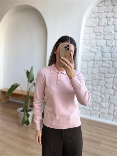 Polo Yaka Gold Düğmeli Pembe Triko