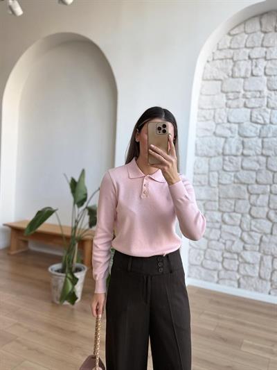 Polo Yaka Gold Düğmeli Pembe Triko