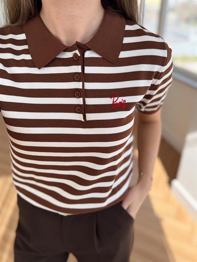 Polo Yaka Kahverengi Çizgili Triko