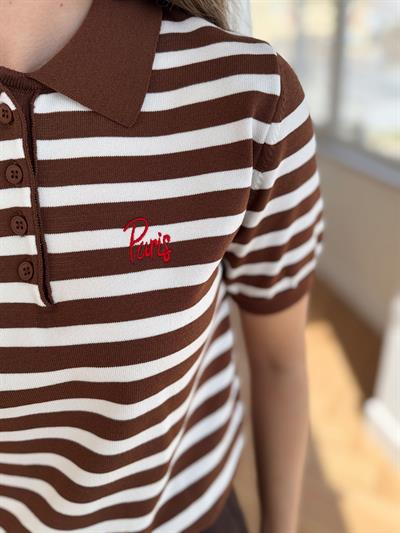 Polo Yaka Kahverengi Çizgili Triko