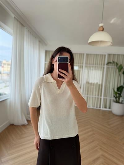 Polo Yaka Parıltılı  Merserize Ekru Triko
