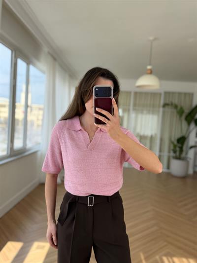 Polo Yaka Parıltılı Merserize Pembe  Triko