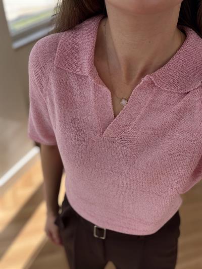 Polo Yaka Parıltılı Merserize Pembe  Triko