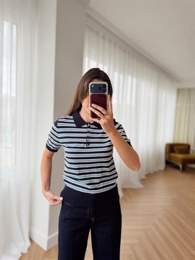 Polo Yaka Lacivert Çizgili Kısa Kollu Triko