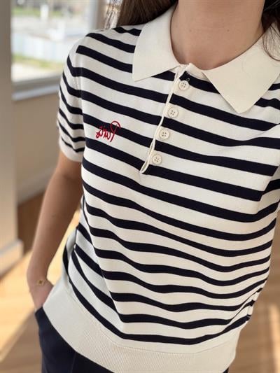 Polo Yaka Lacivert Çizgili Triko