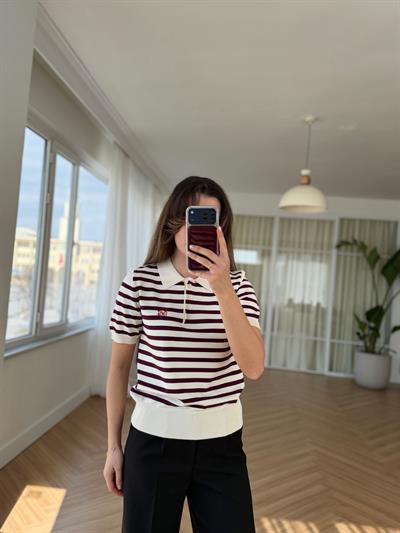 Polo Yaka Mürdüm Çizgili Triko