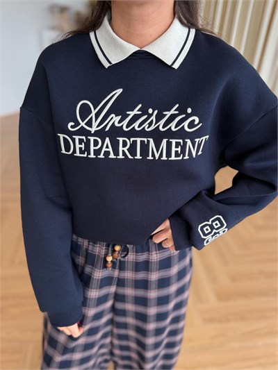 Polo Yaka Nakış İşlemeli Sweat - Lacivert