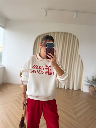 Polo Yaka Nakış İşlemeli Sweat - Beyaz