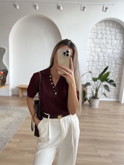 Polo Yaka Parıltılı Bordo Triko