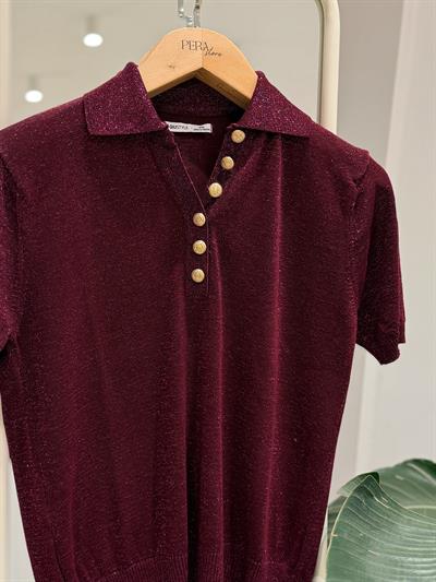 Polo Yaka Parıltılı Bordo Triko