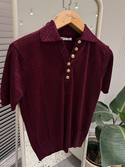 Polo Yaka Parıltılı Bordo Triko