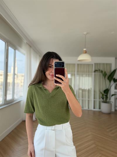 Polo Yaka Parıltılı Merserize Yeşil Triko