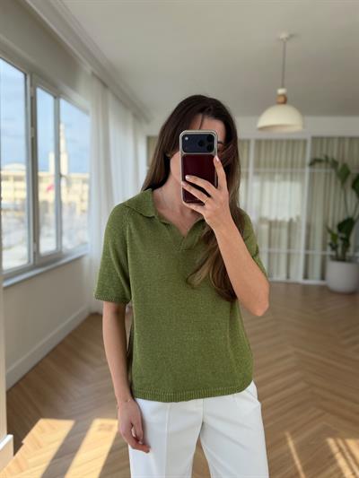 Polo Yaka Parıltılı Merserize Yeşil Triko