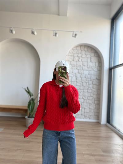 Polo Yaka Saç Örgülü Kırmızı Kazak