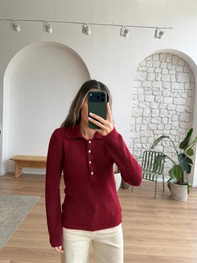 Polo Yaka Taş Düğmeli Bordo Kazak