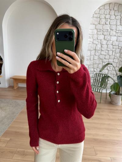 Polo Yaka Taş Düğmeli Bordo Kazak