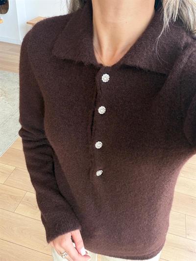 Polo Yaka Taş Düğmeli Kahverengi Kazak