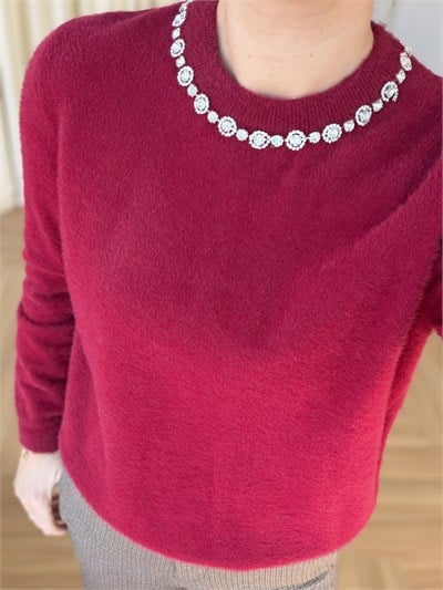 Premium Yakası Taşlı Bordo Triko