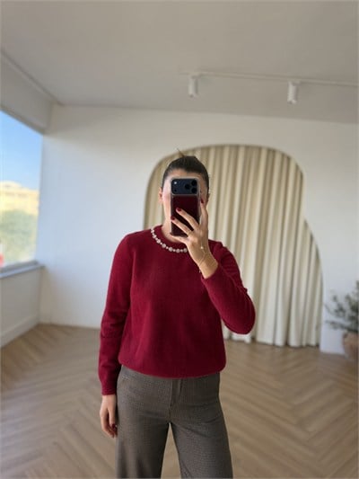 Premium Yakası Taşlı Bordo Triko