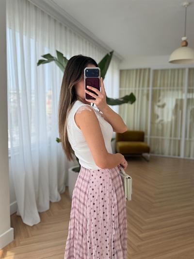 Puantiye Desenli Pembe Midi Etek
