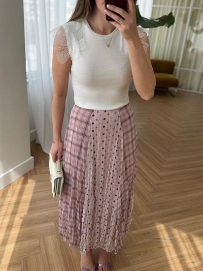 Puantiye Desenli Pembe Midi Etek