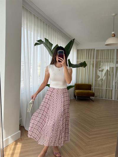 Puantiye Desenli Pembe Midi Etek