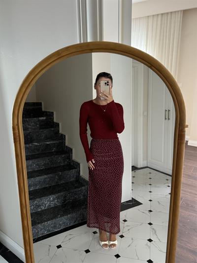 Puantiyeli Bordo Astarlı Tül Etek