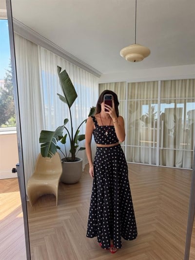 Puantiyeli Etek Crop Takım 